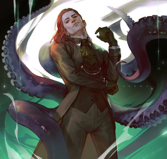 a confident, handsome man with long red hair stands amidst swirling, ethereal tentacles in shades of purple and green.  he's dressed in a dark green suit with intricate details and a high collar, his expression suggests both power and amusement. the soft lighting enhances the otherworldly atmosphere, hinting at his magical prowess.  the background is abstract, further emphasizing the magical nature of the scene.