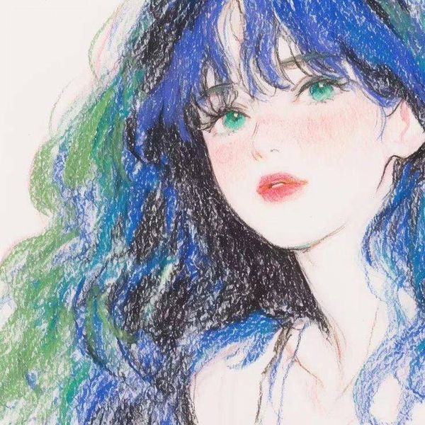 the image is a stylized portrait of an animestyle girl with long, curly hair that is predominantly blue with hints of green.  the art style is soft and dreamy, using pastel colors and a textured appearance that suggests colored pencils or crayons might have been used. the girl has delicate features, large green eyes, pink cheeks, and soft lips.  her expression is gentle and serene. the overall aesthetic is whimsical and cute. the portrait is a closeup, focusing primarily on her face and upper shoulders.  a hint of a necklace is visible around her neck.