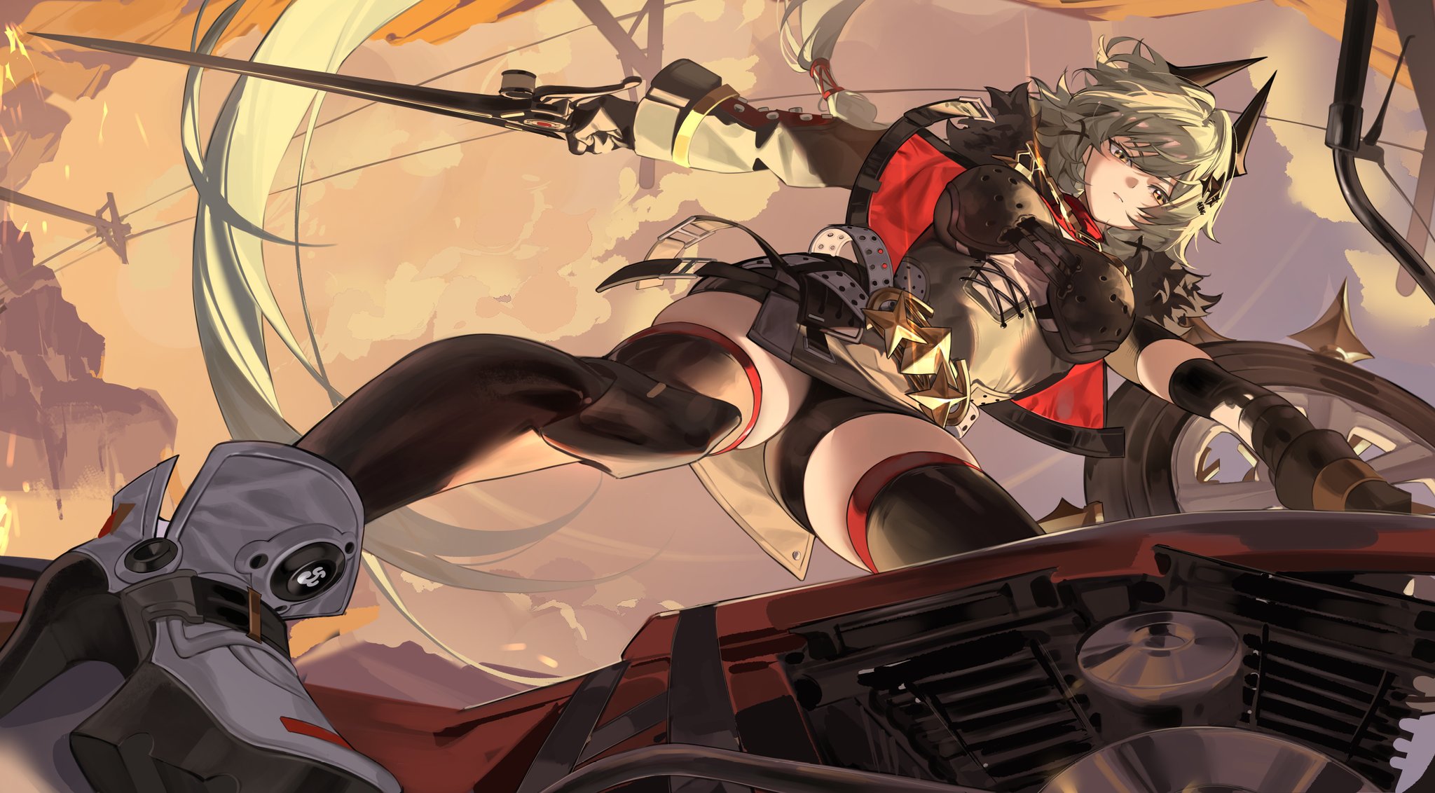 a female anime character in a futuristic outfit riding a motorcycle. she has long, flowing white hair and is wearing a red and black suit. she is holding a sword and is looking down at the road. the background is a blurred city skyline.