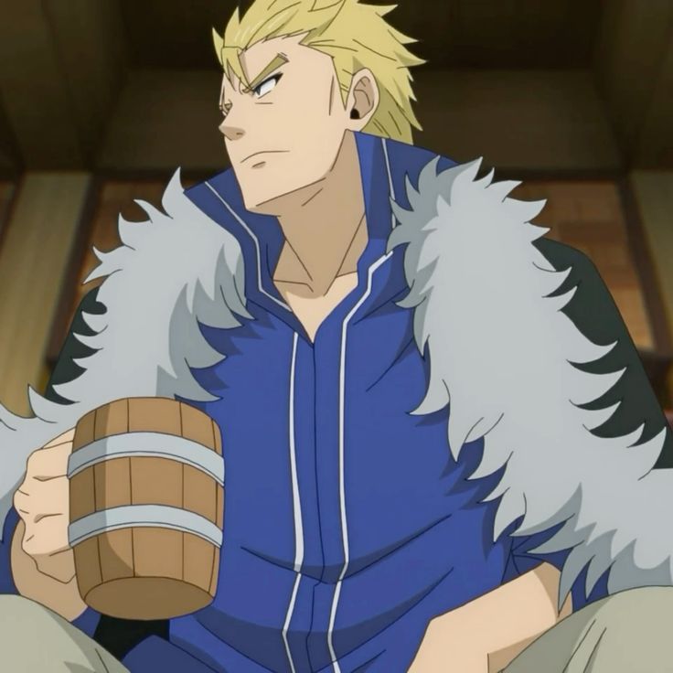 an anime character with blond hair and a blue shirt with a white fur collar sits with a wooden mug in his hand. he is looking away to the left and has a relaxed expression on his face.