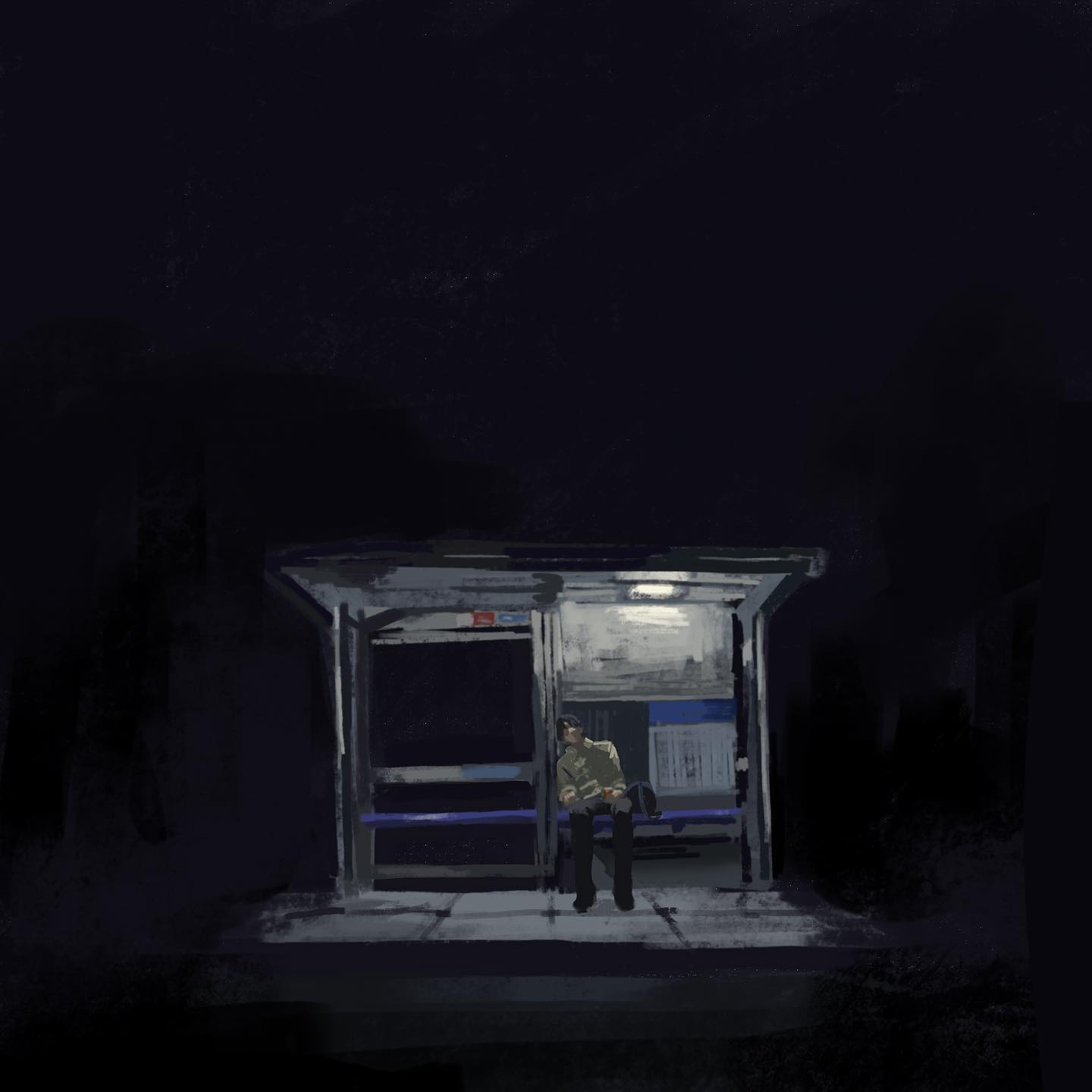 a lone man sits on a bench at a bus stop at night. the bus stop is illuminated by a single light, casting a dim glow on the surrounding area. the overall atmosphere is dark and somber.