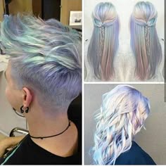 the image shows three women with different hairstyles. all three women have colorful pastel hair. the first woman on the left has a short, choppy pixie cut with purple and blue tones. she is looking at the camera. the second woman has long, straight hair with pastel pink, blue and white streaks, and she is looking forward. the third woman has long, wavy hair with pastel pink and blue tones, and she is looking off to the side. the image is a collage of three different photos, and it is all in a salon or hair studio setting.