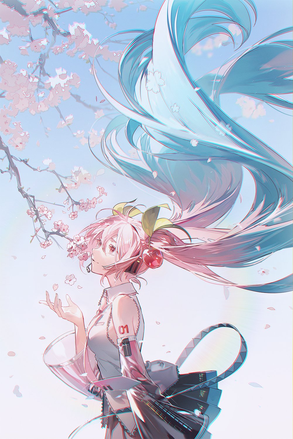 the image is an illustration of an animestyle woman with pink hair wearing a dress and a cherry blossom branch next to her. her hair is long and flowing, with a teal streak. she is wearing a dress with the number 01 on it. she is reaching her hand out as if to catch petals falling from a nearby cherry blossom tree. the sky is blue and filled with many small flowers. the overall style is soft and dreamlike.