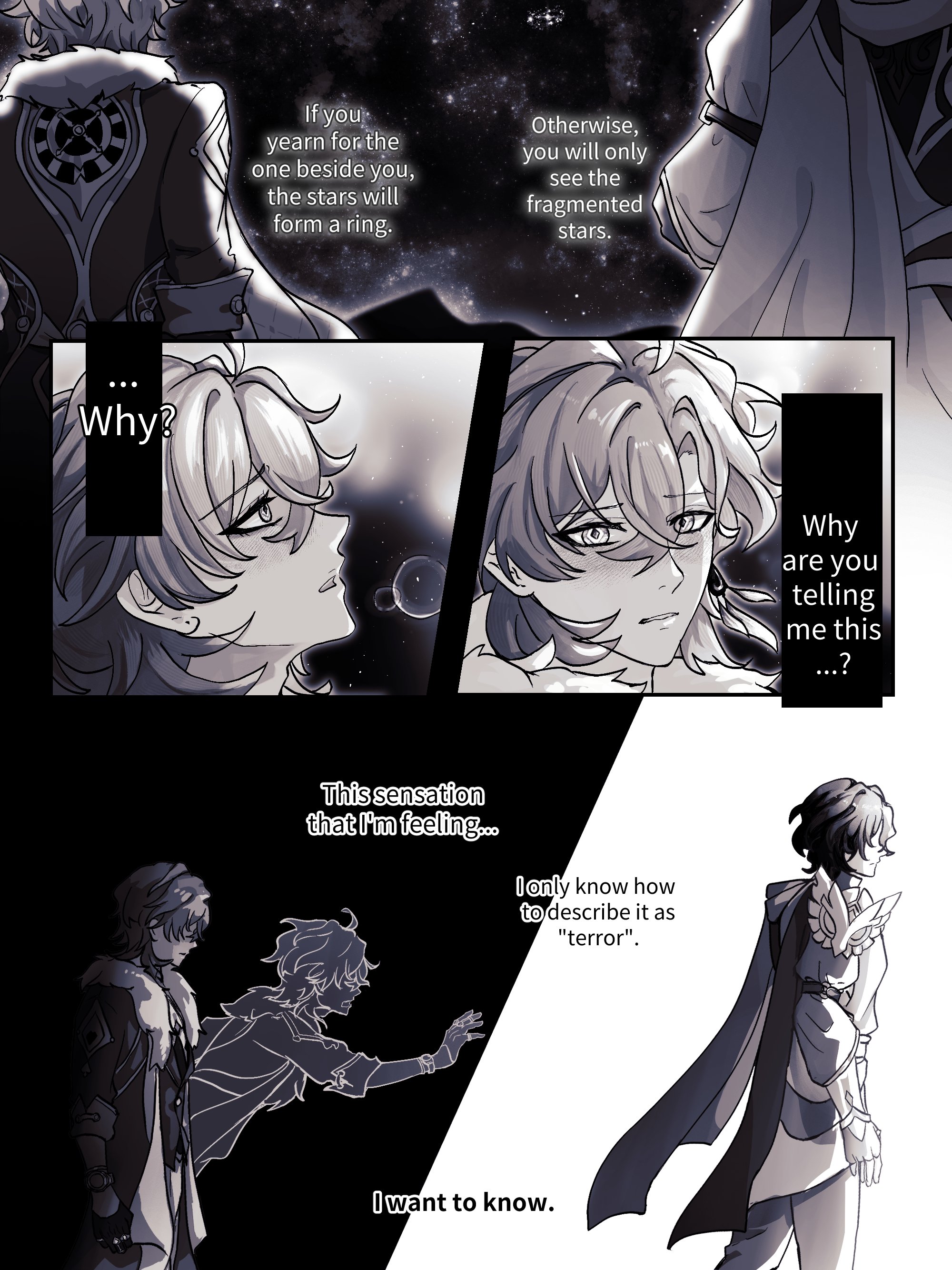 he image is a mangastyle comic spread across several panels. the art style is dark and mysterious, using grayscale tones to create a somber atmosphere. the story centers around two male characters, one with lightcolored hair and the other with dark.  the narrative revolves around a celestial phenomenon—the formation of stars into a ring dependent on the emotional connection between the characters. one character expresses a feeling of terror, leading to questions of why this is happening and a desire for understanding. the characters' expressions are contemplative and troubled. the background features dark space with stars, contributing to the overall feeling of mystery.  text boxes contain dialogue and exposition, furthering the story's progression.