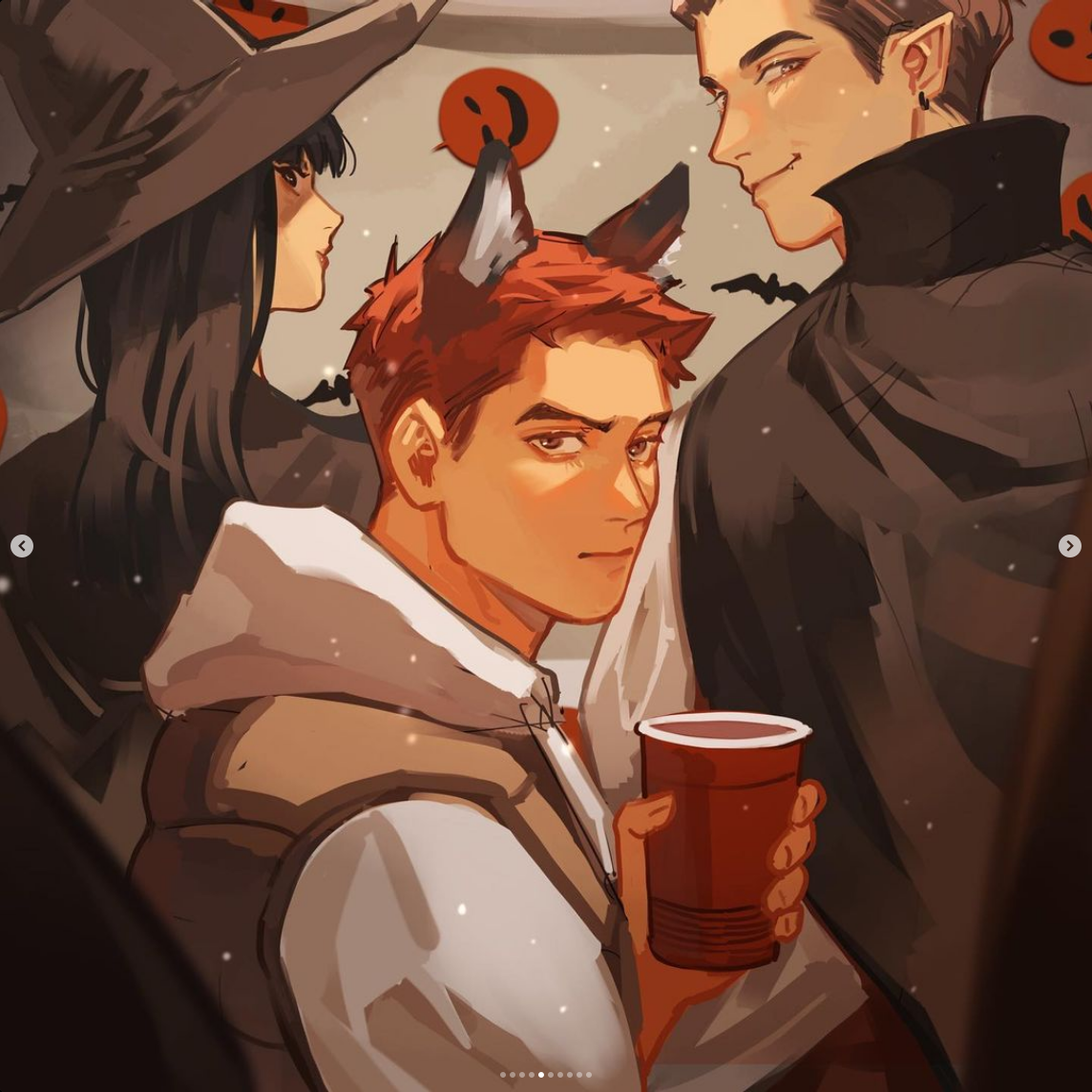 the image depicts three friends at a halloween party. in the center is a young man with reddishbrown hair wearing fox ears, holding a red plastic cup and looking directly at the viewer with a confident smirk. behind him stands a young man with dark hair and pointed ears, dressed as a vampire. he is smiling and looking towards the viewer with a playful glint in his eyes.  to the left, partially obscured, stands a young woman with long black hair wearing a witch's hat, her face turned in profile.  the background is decorated with halloween motifs, including bats and a jacko'lantern face, contributing to the festive atmosphere.