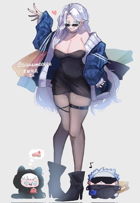 the image shows an animestyle illustration of a tall, slender woman with long white hair, wearing sunglasses, a black dress, and a blue jacket. she is carrying numerous shopping bags and has a cheerful expression.  at her feet are two small chibi characters, one resembling a panda and the other a smaller, masked figure.  the overall style is cute and fashionable.  the background is simple and light gray.