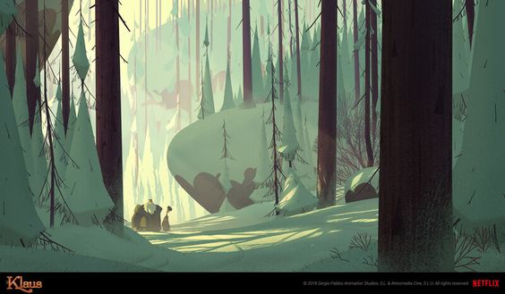 the image showcases a captivating scene from an animated film, set in a snowy forest. two individuals, bundled up for the cold, traverse a snowcovered path, their backs to the viewer. they are accompanied by a dog. the path winds its way between towering, snowladen trees, leading the eye towards a clearing bathed in the warm glow of the setting sun. the art style is distinctly stylized, characterized by rounded shapes and a muted color palette that evokes a sense of tranquility and wonder.