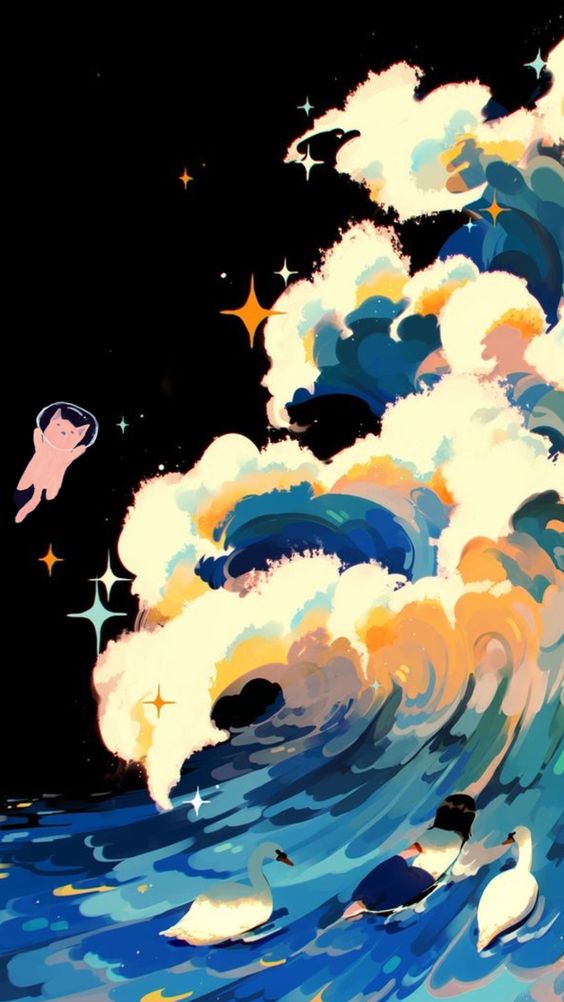 the painting depicts a large, stylized wave with an astronaut cat floating in the upper left corner. the wave is blue, green, and white with yellow highlights, and it is crashing down on a dark blue ocean. there are three white swans swimming in the water below the wave. the background of the painting is black with small, white stars.