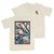 the image shows two beige tshirts stacked on top of each other. the top shirt is plain, while the bottom shirt features a colorful artwork print in the center.  the artwork appears to be an abstract or impressionistic style, possibly depicting birds or similar forms within a landscape or natural setting. the color palette of the artwork is primarily cool tones of blue, teal, and gray, contrasted with touches of warmer colors such as orange. the overall style suggests a casual, artistic, and possibly naturethemed clothing item.