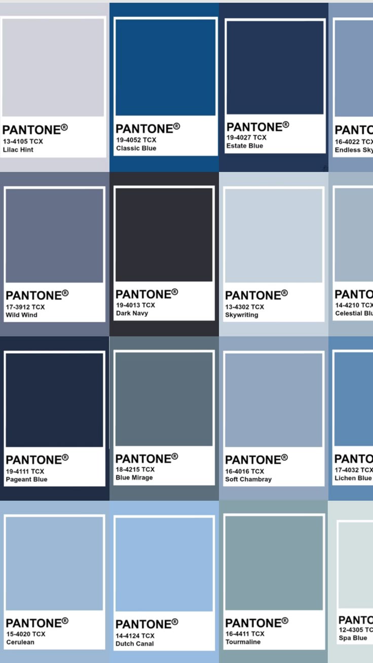the image shows a collection of pantone swatches in various shades of blue, with their corresponding color codes and names. the swatches are arranged in a gridlike pattern, showcasing a range of blue hues from light pastel to deep navy.