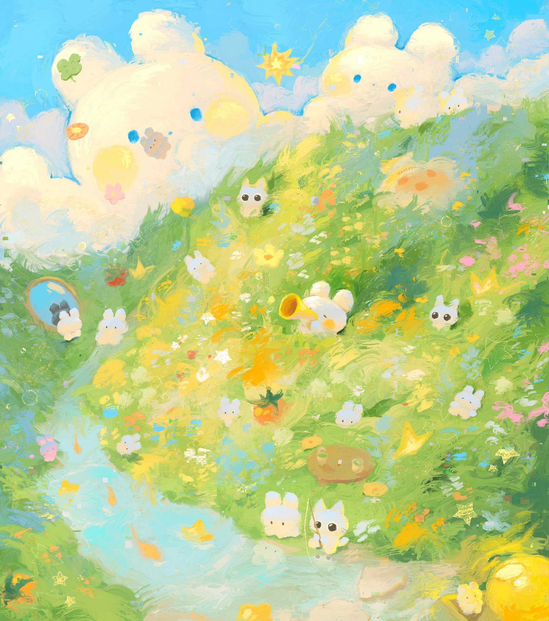 a whimsical illustration of a grassy hill filled with playful bunnies enjoying a variety of activities. the scene is bathed in soft, natural light, creating a peaceful and inviting atmosphere. two giant bearshaped clouds with friendly faces float in the bright blue sky above. the hill is dotted with colorful flowers and a stream winds its way through the grass. playful bunnies are scattered throughout the image engaging in activities like playing trumpets, having a picnic, and admiring themselves in mirrors.  the overall feeling is one of joy, innocence, and lighthearted fun.