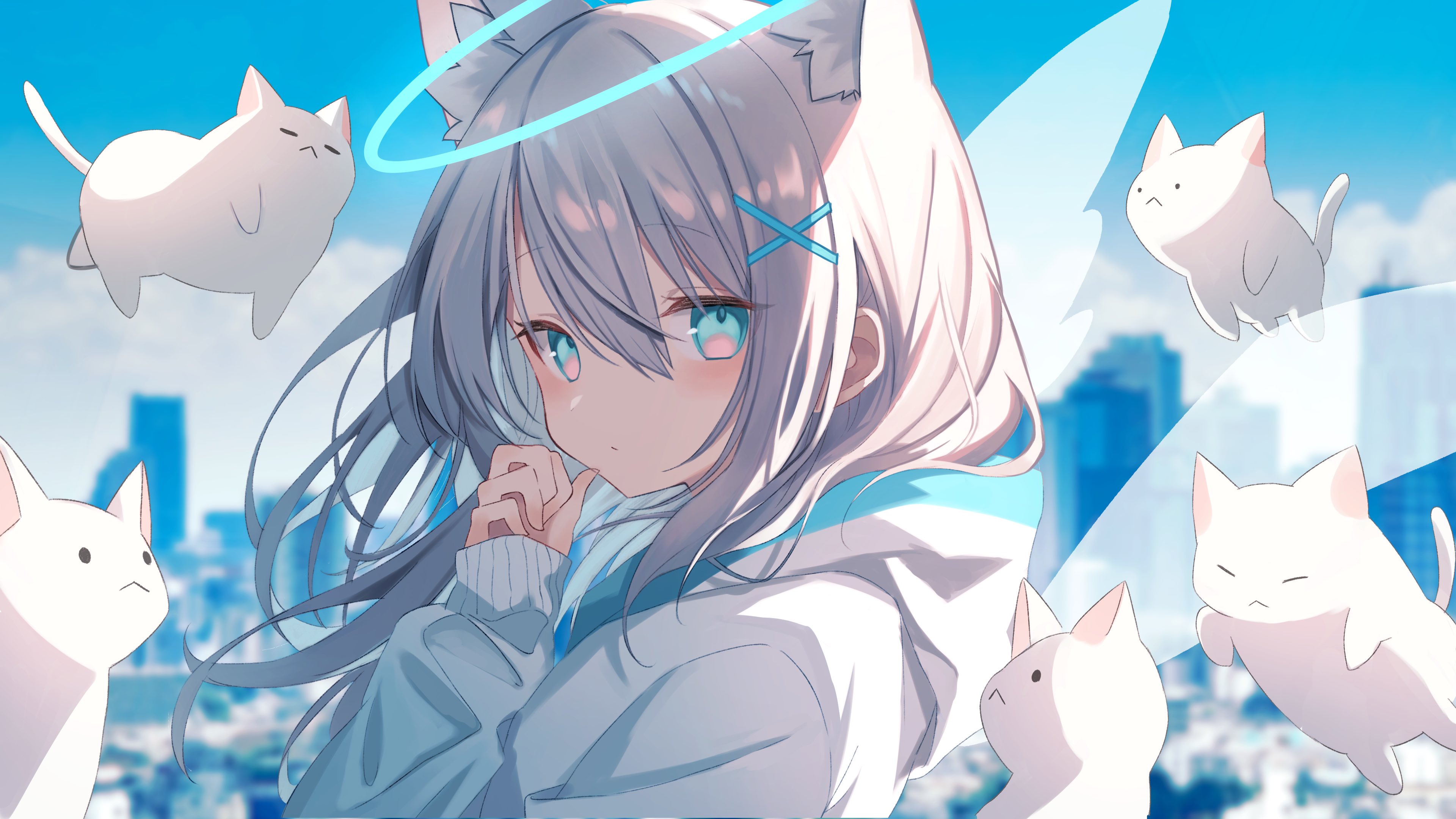 he image is an animestyle illustration of a young girl with long, flowing white hair and cat ears. she has large, expressive blue eyes and is wearing a light blue hoodie. a halo floats above her head, and she is surrounded by several small, floating, white cats. the background is a blurred cityscape, with tall buildings visible. the overall style is soft, pastel, and cute. the scene evokes a feeling of whimsy and innocence.