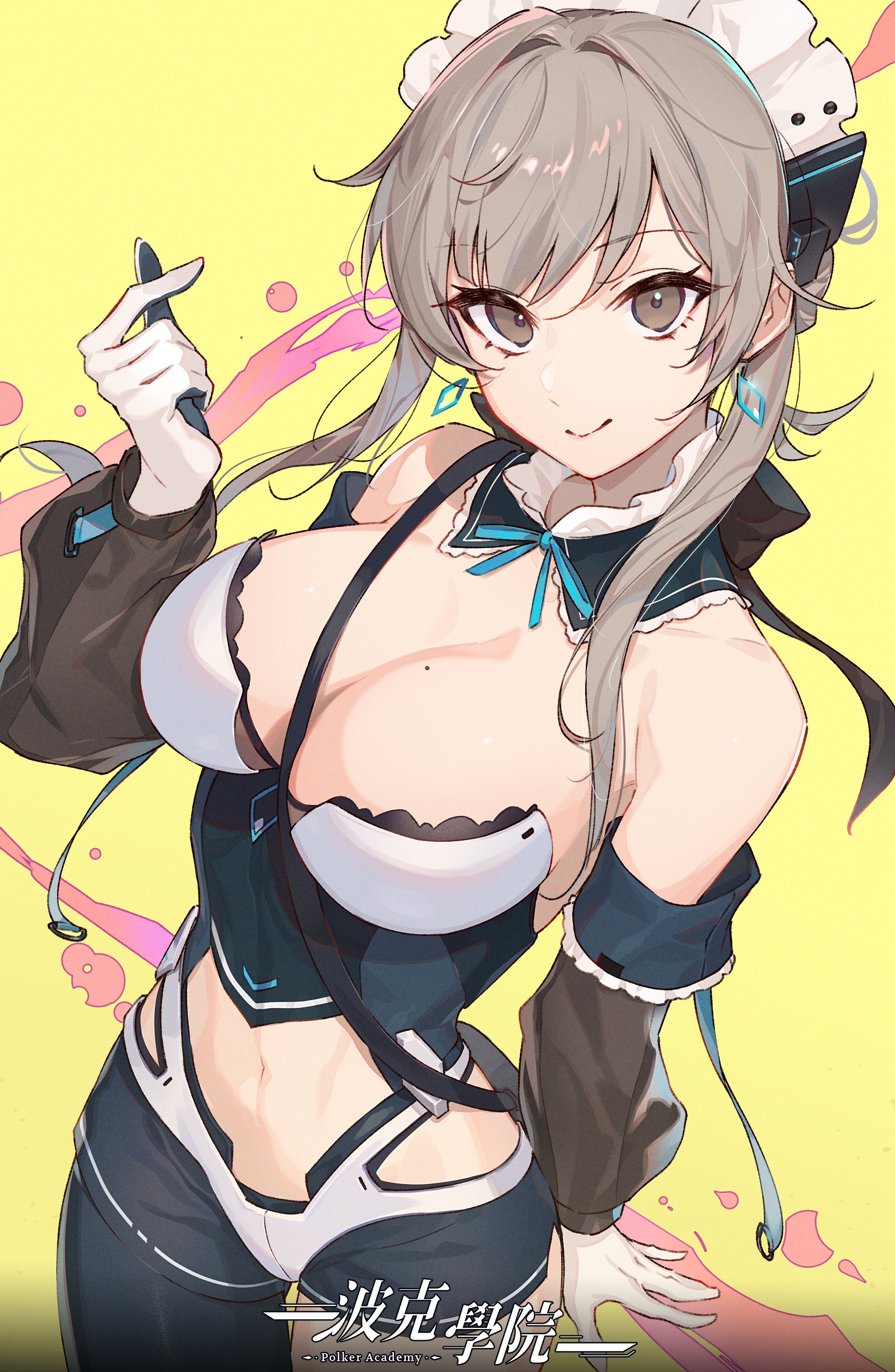 a fullbody animestyle illustration shows a young woman with grey hair and grey eyes, wearing a provocative maid outfit. she has a smirk on her face and is standing with confidence. her outfit includes a white frilly headpiece, a black and white bodice that reveals significant cleavage, and matching short pants. she is wearing white gloves, and the background is a bright yellow with pink abstract accents. the text at the bottom in asian characters and english reads "polker academy".
