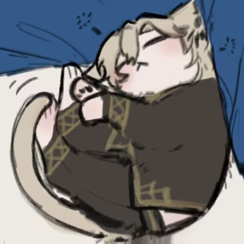 the image is a digital drawing in an anime/manga style depicting a chibilike character that resembles a cat or feline hybrid. it's curled up asleep on a dark blue blanket,  wearing a dark brown or black outfit with gold trim. the character's hair is a light blonde and its expression is peaceful. the overall style is cute and soft. the drawing has a slightly messy, sketchlike quality, giving it a cozy and informal feel.