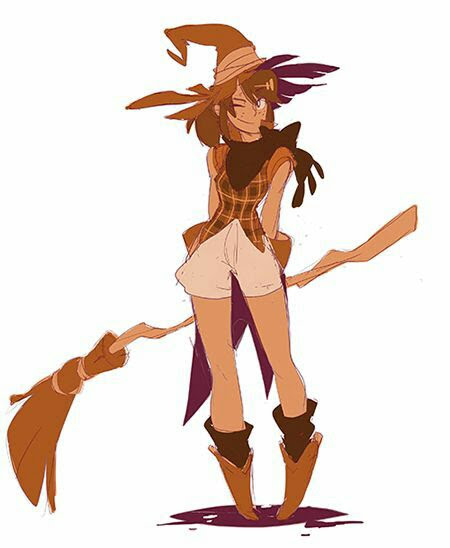 a cartoon witch in a witch hat, with a broom in her hand, appears to be flying, as though getting ready for a flight. she is dressed in a plaid shirt and shorts, with a white undershirt and brown boots. she has short brown hair and brown eyes. the cartoon is in a style reminiscent of japanese manga.