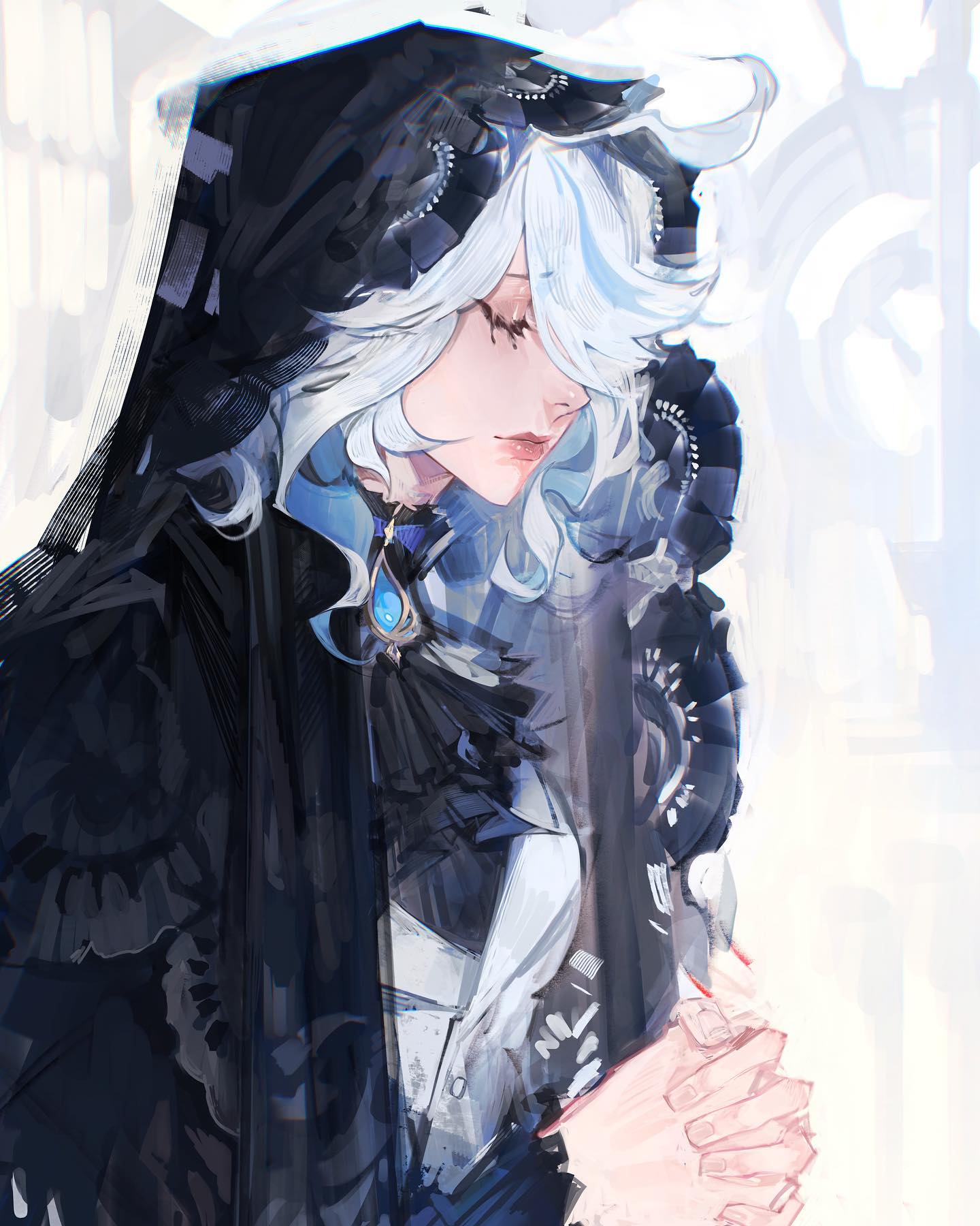 the image is a digital painting or illustration of an animestyle girl or woman. she has long, flowing white hair and pale skin.  she's wearing a dark, hooded cloak adorned with lace details, suggesting a gothic or fantasy style.  her expression is serene and slightly sad, her eyes are closed, and her hands are clasped together in a prayerlike gesture. the background is bright and blurry, suggesting a lightfilled space, which contrasts with the darker clothing of the subject. the overall style is painterly and ethereal, with a focus on soft colors and delicate details.  the image has a slightly melancholic mood.