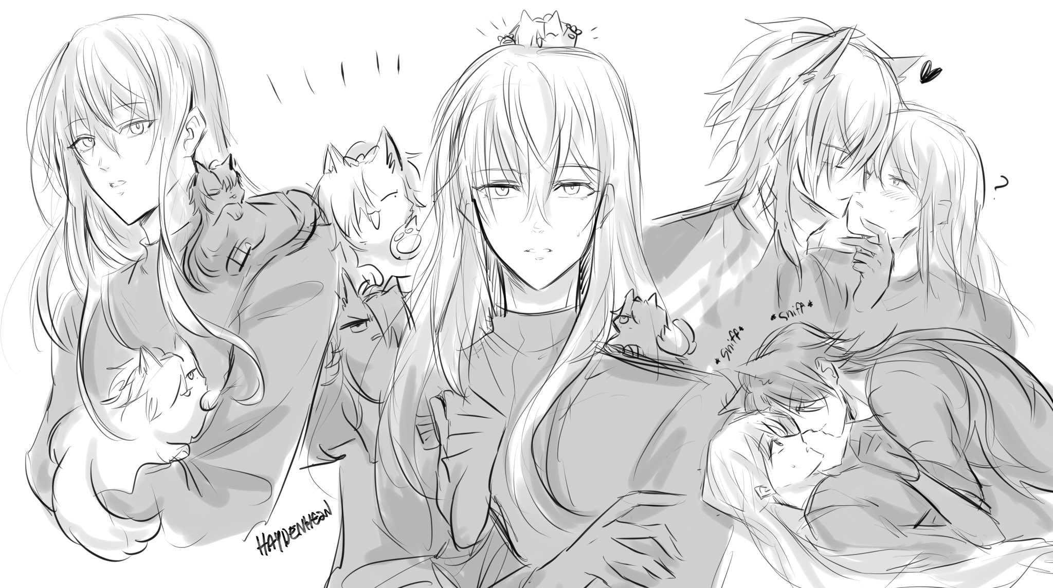 the image is a sketch of a couple cuddling in a loving embrace. they are surrounded by cats, some sitting on their heads and others playing nearby. the overall atmosphere is one of love, affection, and happiness.