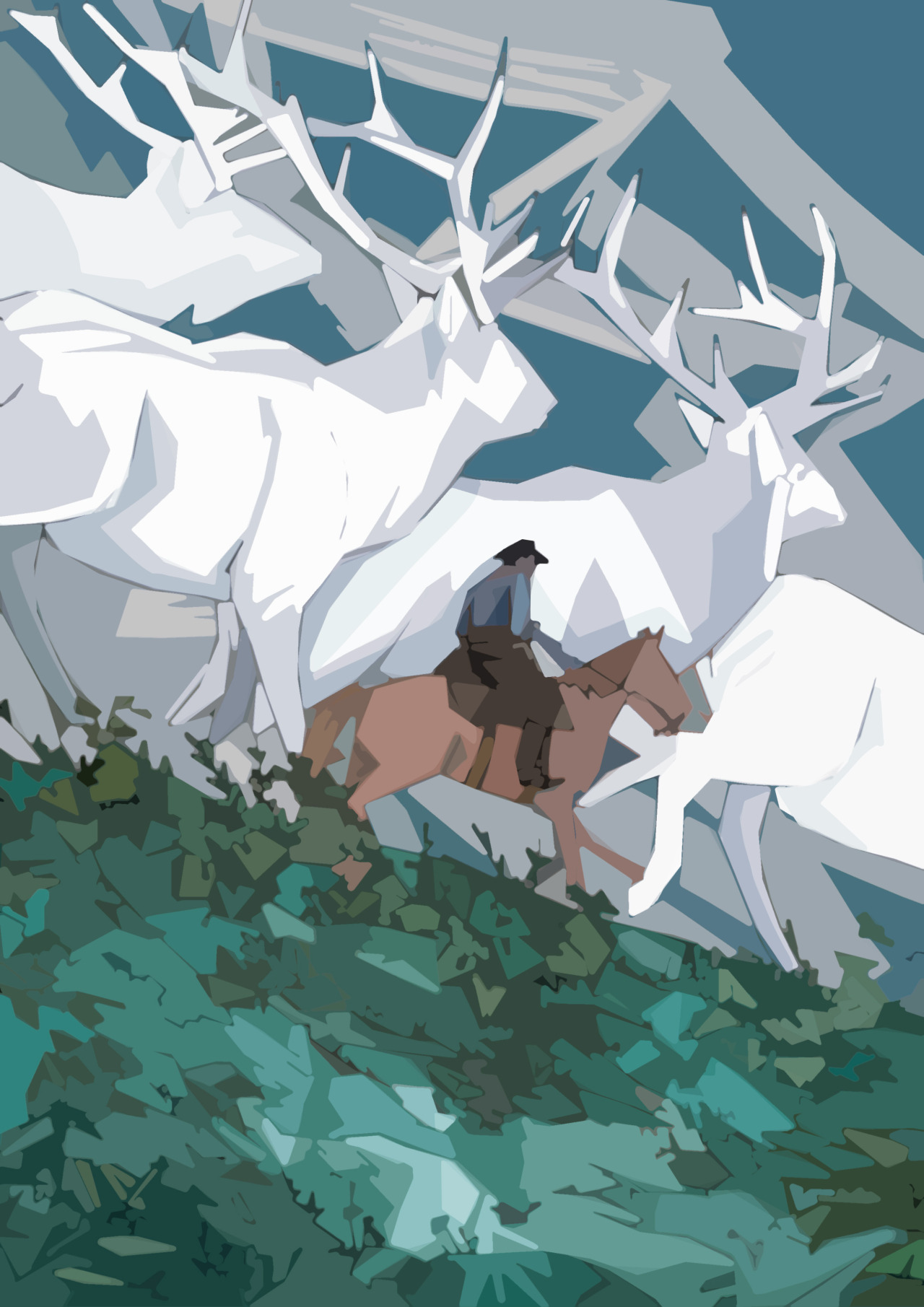 a painting of a cowboy riding a brown horse through a forest. the cowboy is wearing a hat and is looking to the right. there are three white deer with large antlers in the background. the forest is green and lush. the painting has a dreamlike quality to it.