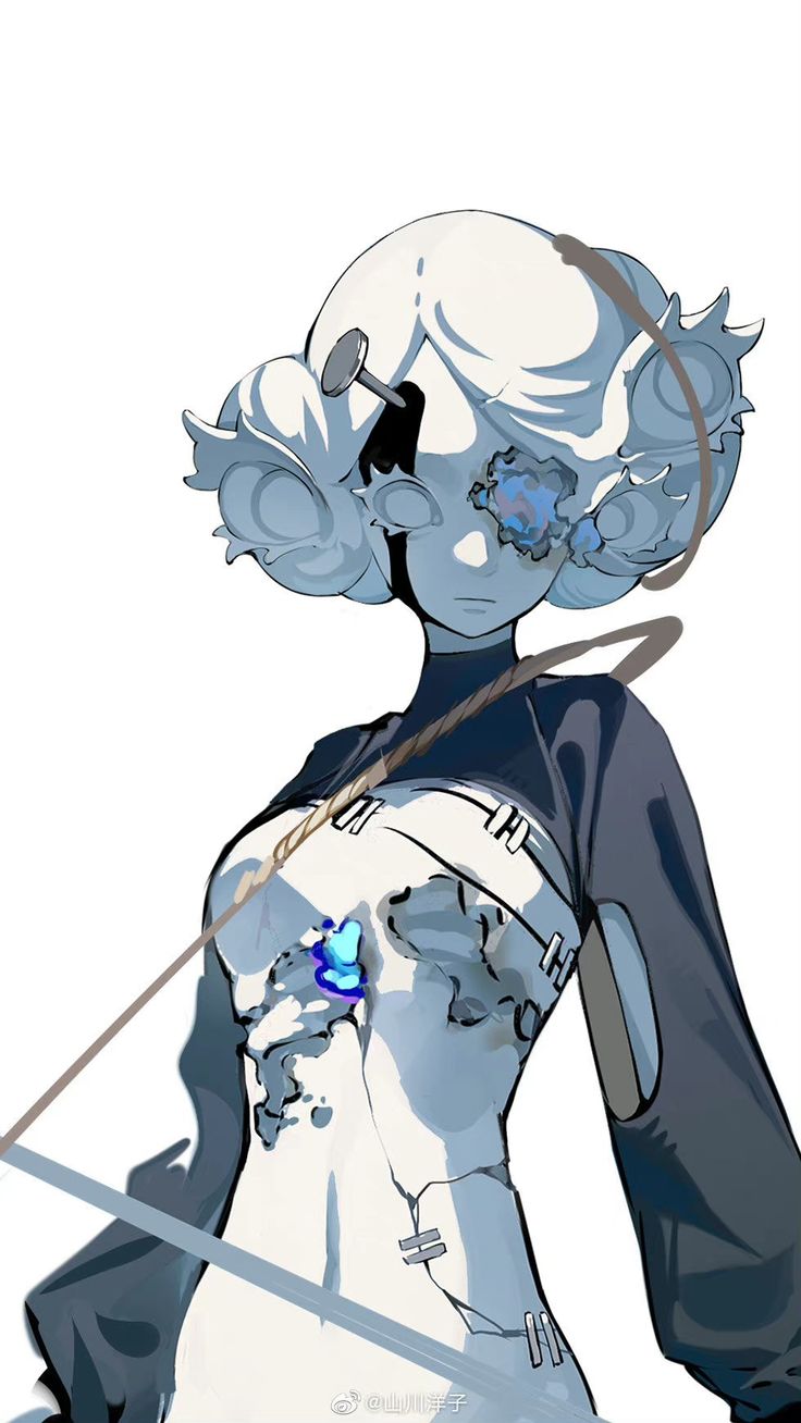 a digital illustration of a female anime character that appears to be a cyborg or robot. she is shown with a white body, blue highlights on her face and a single eye, blue light glowing from her chest, and a gray and blue outfit. her hair is long and white. the image also features a weapon that appears to be a string or rope.