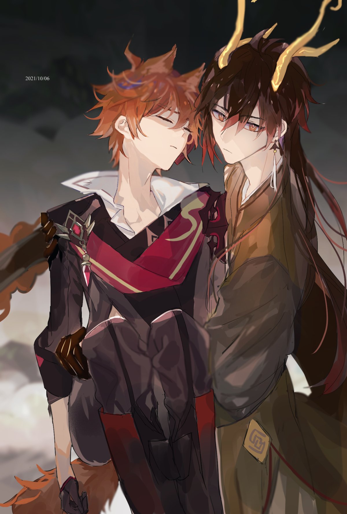 the image is an illustration of two anime characters, one with black hair and horns and the other with brown hair, holding each other