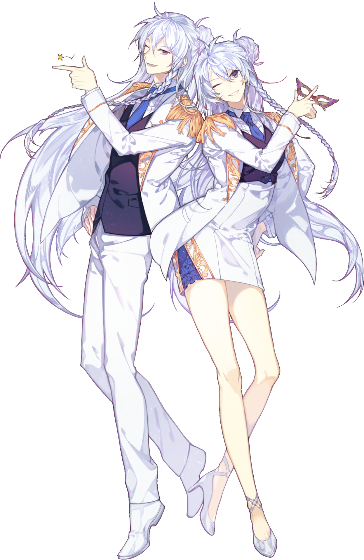 the image features a couple in a white suit and dress. both of them have long white hair and purple eyes. they are looking at the viewer and seem to be posing for a photograph. the man has his arm around the woman's waist and he is holding a masquerade mask in his hand. the woman has her hand on the man's shoulder and she is winking at the viewer. they are both wearing white suits and dresses. the man's suit is decorated with gold accents, while the woman's dress has a gold trim around the bottom. there is a small yellow star in the background.  the image is drawn in a cartoon style with vibrant colours. the couple is very close together and there is a sense of intimacy between them.