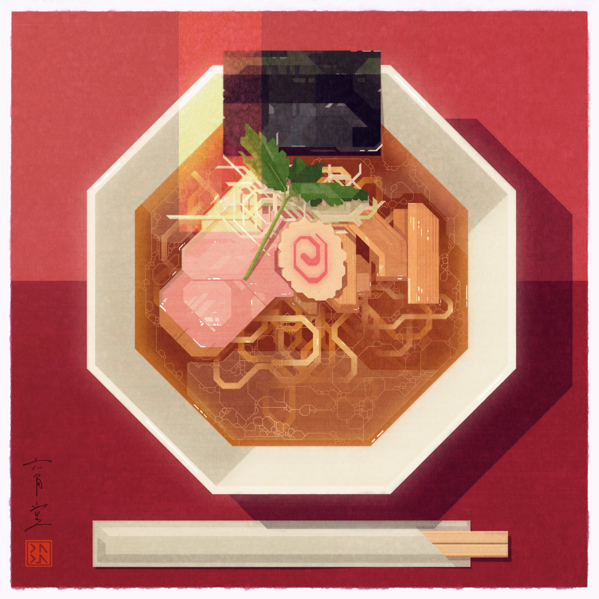 a stylized, digital art illustration of a bowl of ramen on an octagonal white plate. the bowl contains noodles, broth, sliced pork, fish cake, nori seaweed, and garnish. chopsticks rest below the plate, set against a red background. the art style is reminiscent of japanese woodblock prints or modern digital art. the artwork appears to be a topdown perspective of the food arrangement.