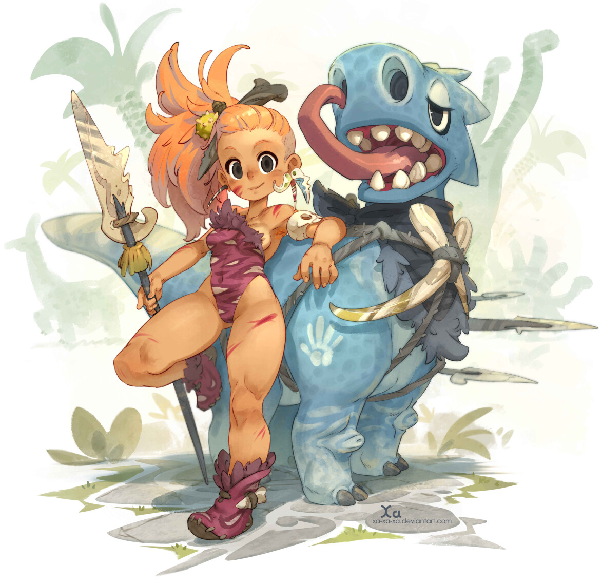 a cartoon style digital illustration depicts a young warrior girl riding a blue dinosaur with a long spear in her hand. the girl has orange hair, a red bikini, and a red and white striped headdress. the dinosaur has a large tongue and a blue body with white markings. the background is a white jungle with a lot of green foliage.