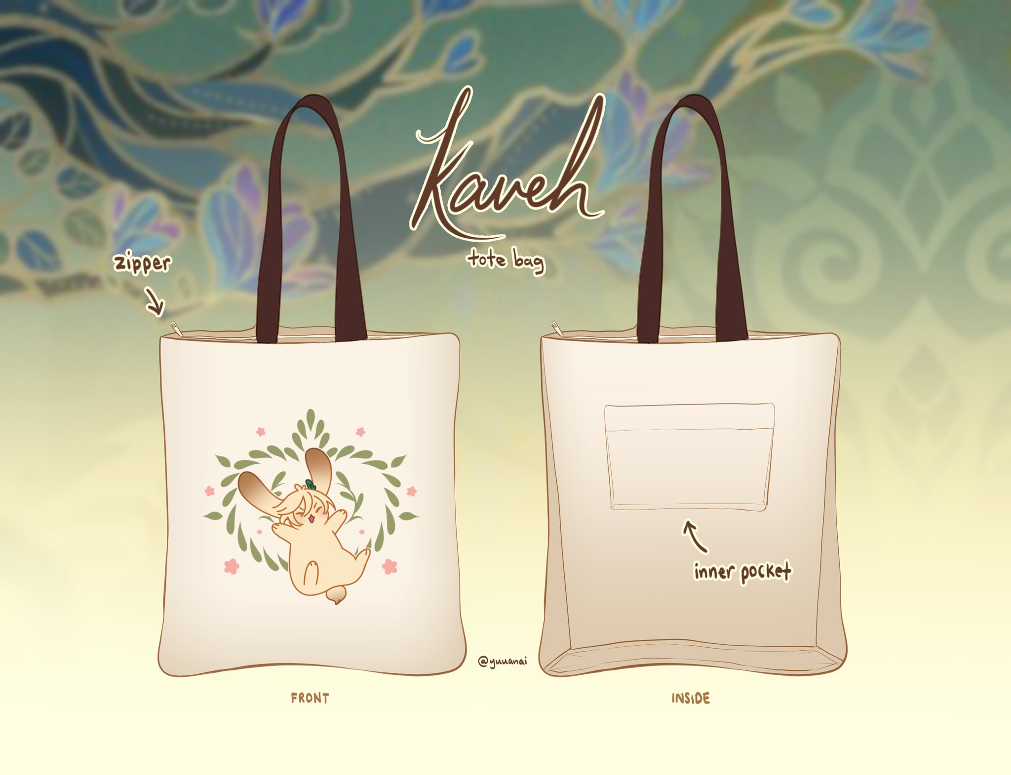 this image shows a tote bag design featuring kaveh from genshin impact. the bag features kaveh dressed as a bunny. the tote bag has a zipper closure on the top and an inner pocket. the bag is available in two styles: a front view featuring kaveh and a side view showcasing the inside of the bag.