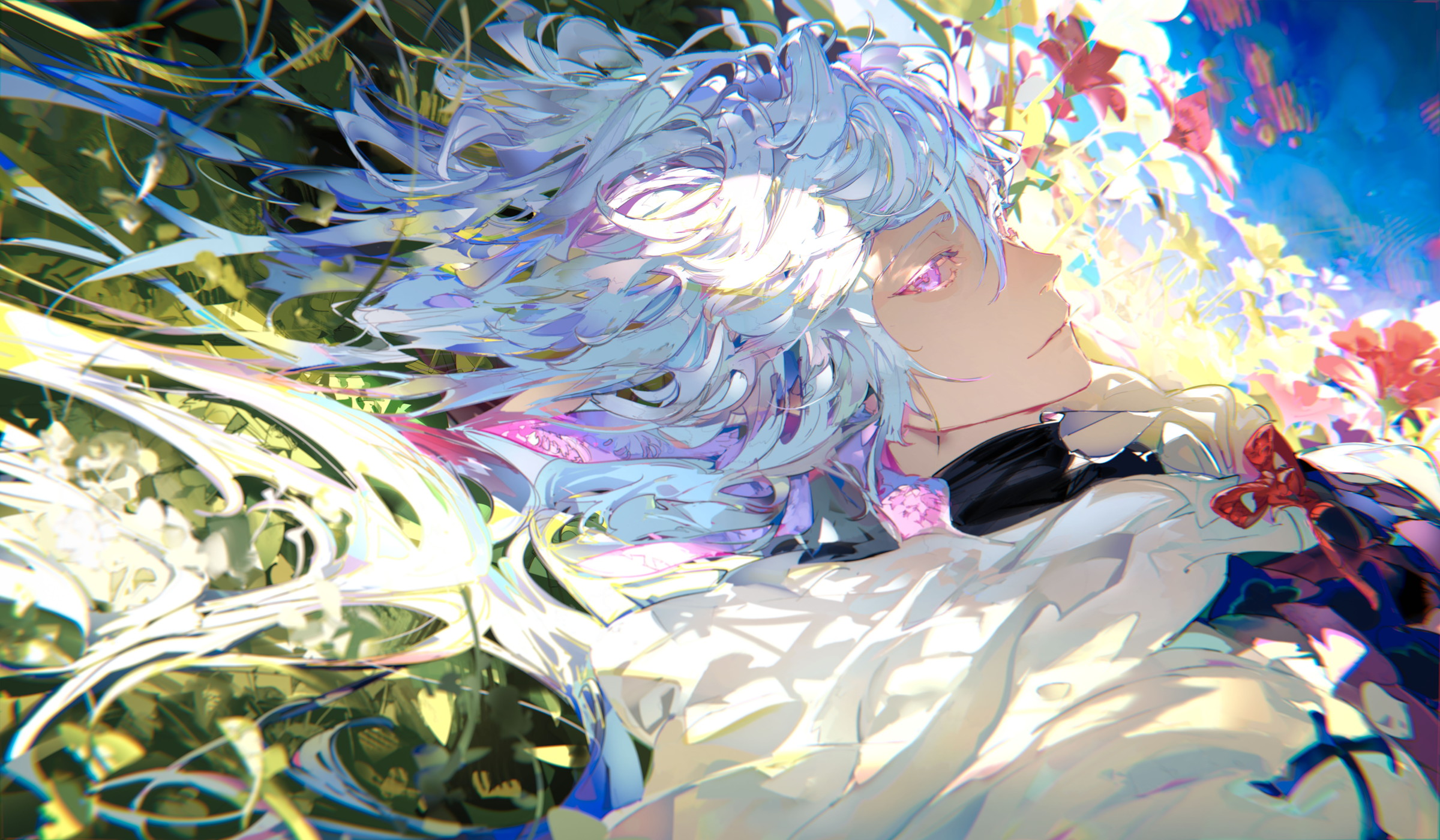 he image is a vibrant and colorful digital painting of an animestyle boy with long, flowing white hair and purple eyes. he is lying down amidst a field of colorful flowers, bathed in a soft, ethereal light. his clothing is white and flowing, and the overall style is dreamy and magical. the art style is highly detailed and expressive, with a focus on dynamic lines and color blending. the background is a blur of colors, creating a sense of depth and movement.