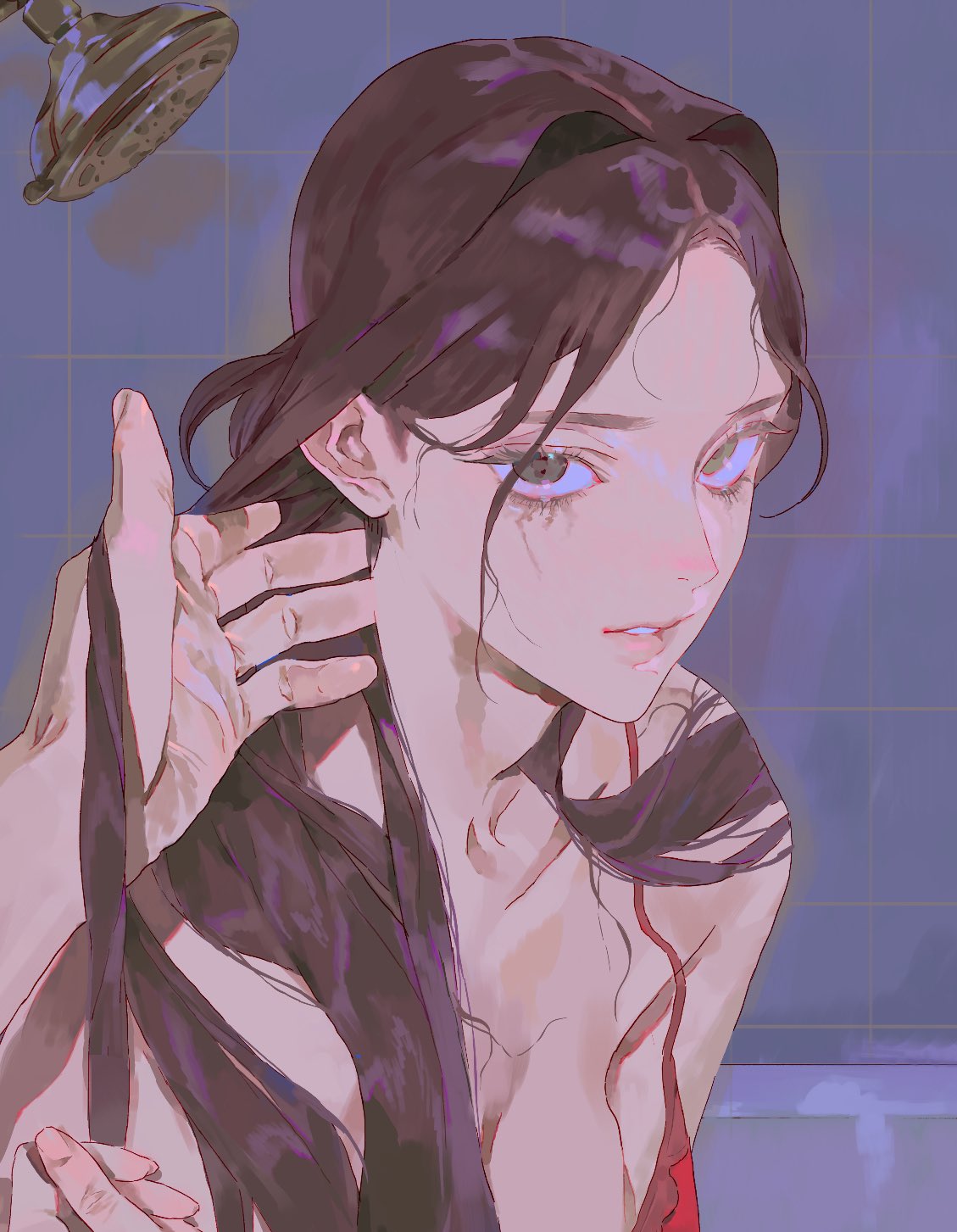 illustration of a woman in a bathroom setting, under a showerhead. she has long, dark hair and is wearing a red top. she is holding a strand of her hair in her hand, and light is reflecting off of her skin. the style is reminiscent of anime.