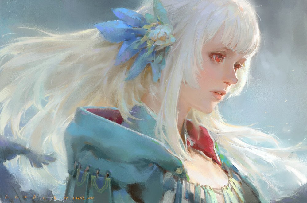 the image is a digital painting of a young woman with long, flowing white hair.  she is wearing a teal hooded cloak adorned with green and gold accents. a delicate blue flower is tucked behind her ear. her eyes are a striking red, and her expression is serene and slightly melancholic. the overall style is soft and dreamy, with a pastel color palette and a focus on ethereal beauty. the background is a hazy, light blue, further emphasizing the subject’s delicate features. the artist's signature is visible in the lowerleft corner. the piece evokes a sense of fantasy and mystery.