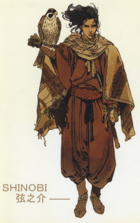 an illustration of a man in traditional middle eastern clothing with a hawk on his left arm, wearing sandals, and has a sword hanging from his right side. he is wearing a shawl and dark brown robes.