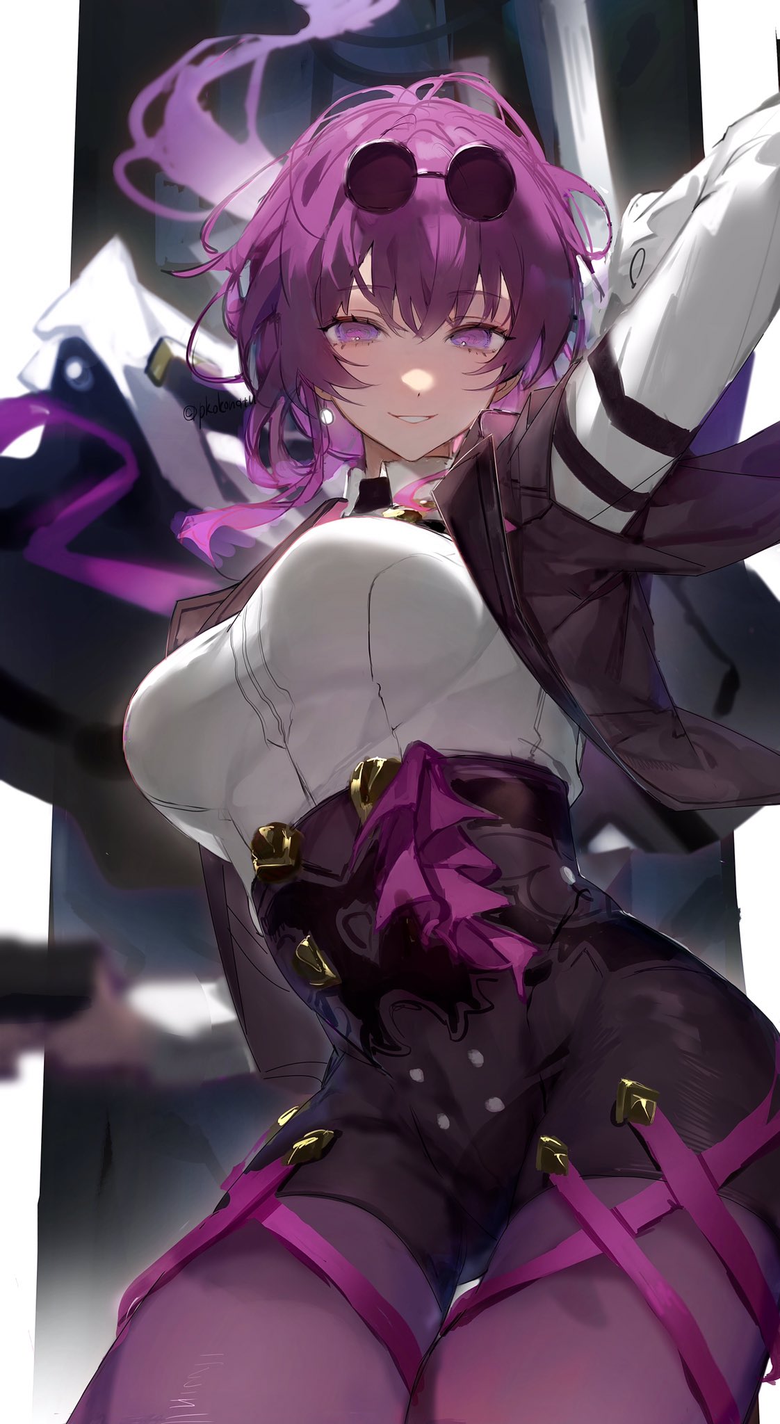 the image is a digital artwork depicting a young anime girl with vibrant purple hair and sunglasses. she's dressed in a stylish outfit that includes a white collared shirt, a dark purple jacket, and darkcolored clothing underneath.  the outfit is accessorized with noticeable purple garter belts and thighhigh stockings. her pose is suggestive, and her expression hints at a confident and possibly mischievous personality. the background is dark and blurry, focusing the viewer's attention on the anime girl. the overall style leans towards a blend of anime and fantasy aesthetics, with a touch of sexiness conveyed through the character's attire and pose. the artwork is detailed, showing attention to lighting, shading, and texture in the clothing and the character's hair.