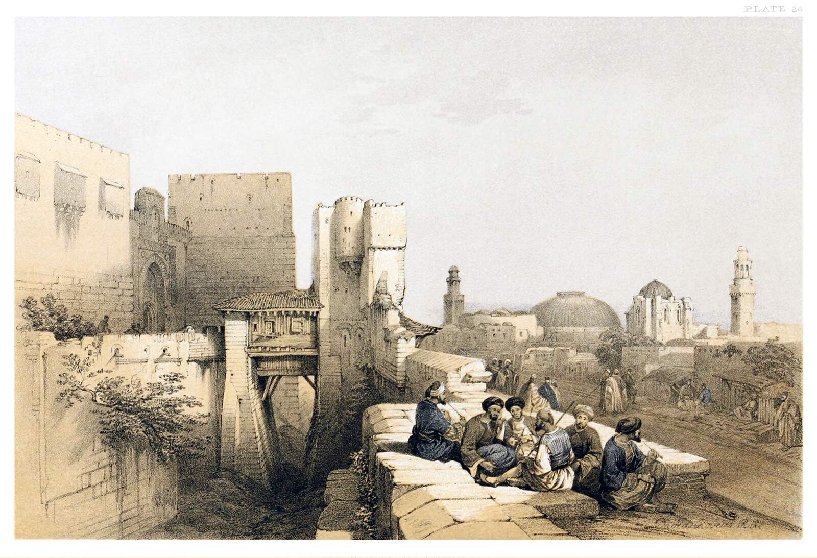 the image is a historical drawing of a cityscape in the middle east. it features architectural details such as fortification, buildings with domes and minarets, archways, walls, and a stone bridge. there are people gathered in the foreground, some sitting on a wall. the scene captures an outdoor social gathering, and the individuals are wearing traditional clothing. the sketch represents middle eastern architecture and urban life in a historical context. the image has the label "plate 24."