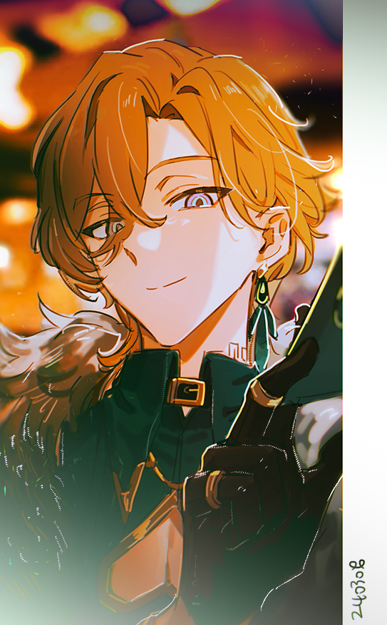 the image is a digital fan art illustration of a stylish anime male character. he has shoulderlength blondorange hair, striking green eyes, and a subtle smirk. he's wearing an elegant dark green jacket with gold details, dark gloves, and long feather earrings. the background suggests a nighttime city setting with blurred lights, creating a warm and mysterious atmosphere. the art style is highly stylized, with vibrant colors and a focus on the character's expressive features and fashion. the date "202308" is subtly included in the bottom right corner. the overall impression is one of sophisticated and intriguing charm.