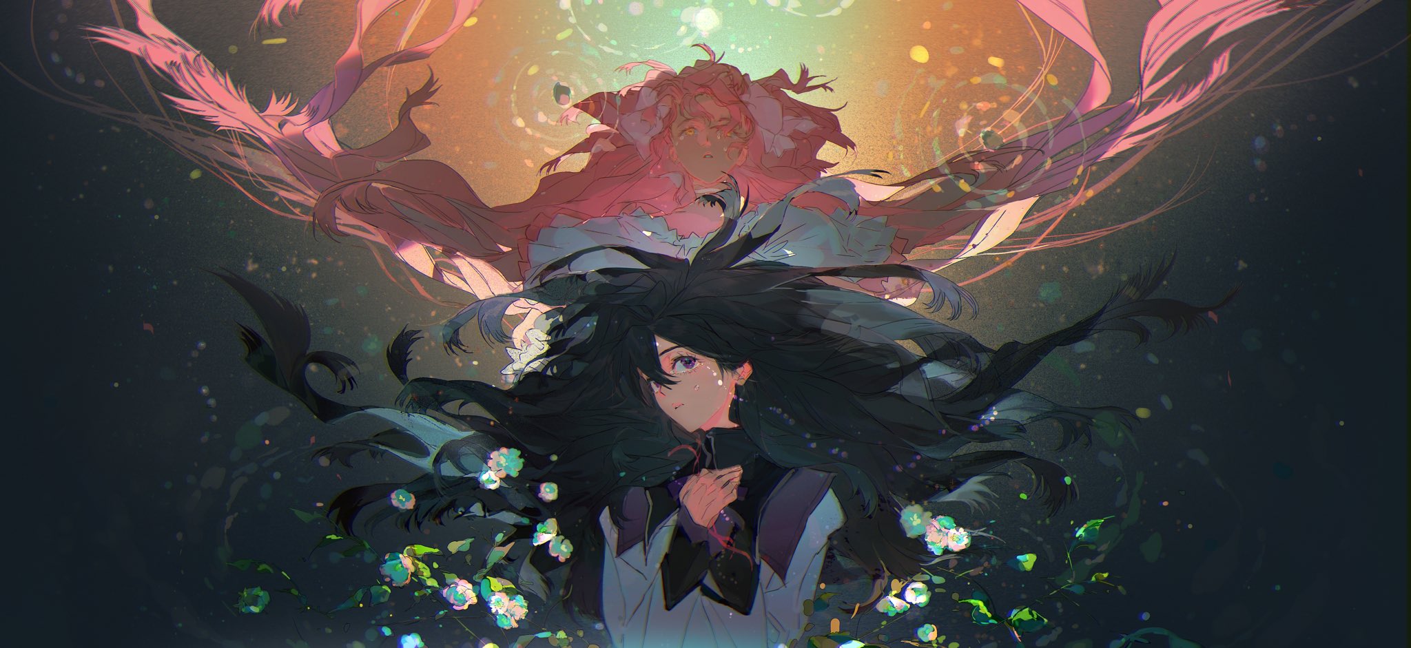 the image features two anime girls, one with long black hair and blue eyes and the other with long pink hair and purple eyes.  the girl with black hair is dressed in a white dress with a black bodice and black trim. the girl with pink hair is wearing a white dress with pink accents. they both seem to be floating in the air, surrounded by feathers and flower petals. the background is a soft white with a faint pink hue. the girls' expressions are sad, as if they are grieving or heartbroken.