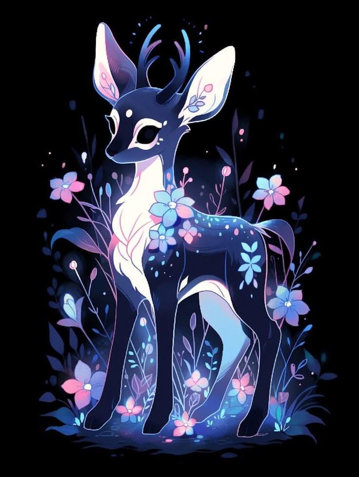 a stylized illustration of a deer in a fantasy setting. the deer is dark blue with white and pastel pink details. it is surrounded by glowing flowers and plants in shades of blue and pink against a black background. the art style is soft and cute.