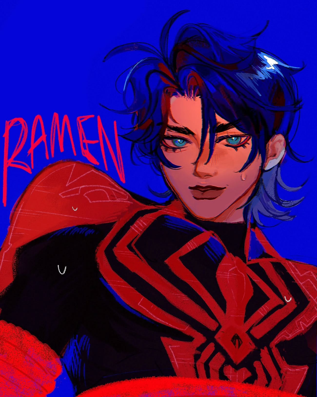 the image is a vibrant digital painting or illustration of a young male character.  he has striking blue hair styled in a slightly messy, windswept fashion. he's wearing a red and black superheroesque suit featuring a prominent spider symbol on the chest. the art style is heavily stylized, leaning towards anime or manga influences, with bold outlines and saturated, contrasting colors—primarily blues and reds. the background is a solid, deep blue. the character's expression is confident and slightly alluring. the word "ramen" is scrawled in pink lettering near the character's shoulder. the overall mood is energetic and stylish. the art style suggests a possible fanmade artwork or character design.