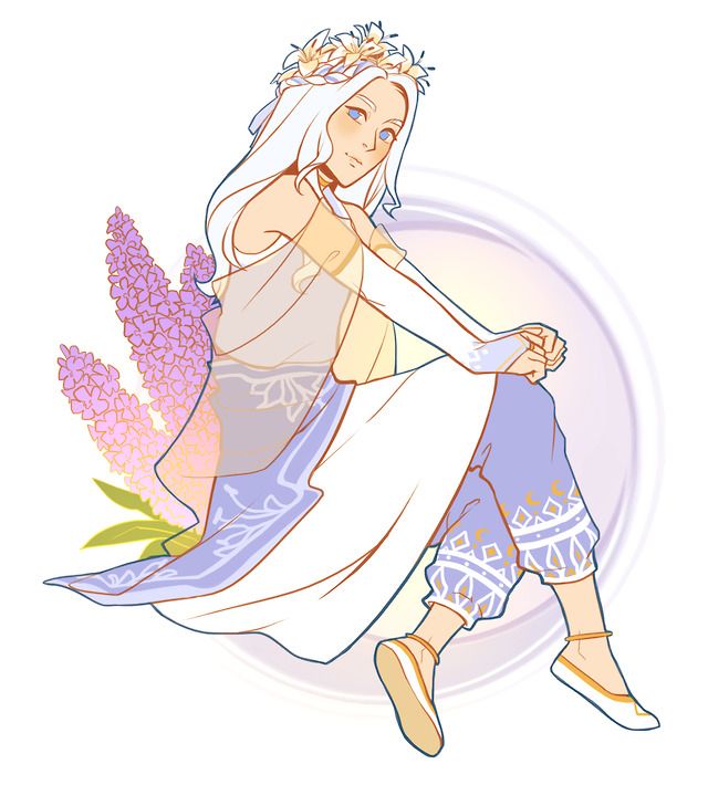 the image depicts a young woman with long white hair wearing a flower crown and a flowing white dress with blue accents. she is sitting with her legs crossed, smiling gently. there are purple flowers growing around her, creating a soft, ethereal atmosphere. the image is drawn in a cartoon style with delicate lines and soft colors.