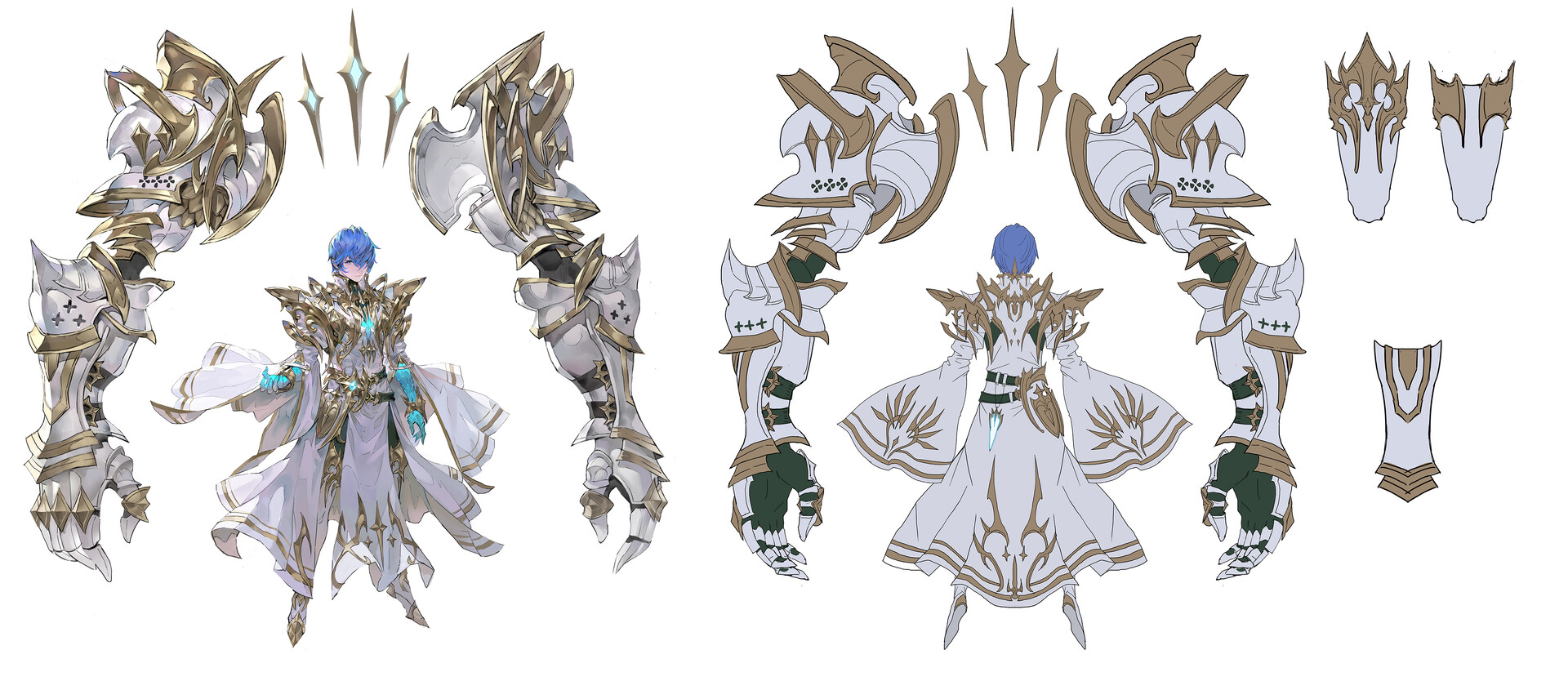 this image showcases character design concept art. it features a male anime character with blue hair, wearing ornate white and gold armor. there are two main views: a front view of the character in his full armor, and a back view, detailing the back of the armor and robe. various separate components of the armor, such as gauntlets and pauldrons, are also displayed individually. the overall style is reminiscent of fantasy and medieval aesthetics, with intricate details on the armor.