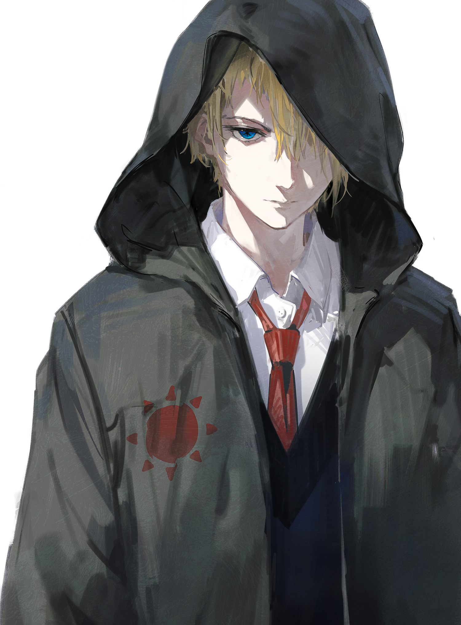 the image depicts a cool and mysterious anime boy with blond hair and blue eyes. he is wearing a dark hooded jacket over a school uniform, and his expression is serious. the jacket has a red sun emblem on the left sleeve. the boy's red tie is a pop of color against his dark clothing. his hood is pulled down, casting shadows over his face, adding to his air of mystery.