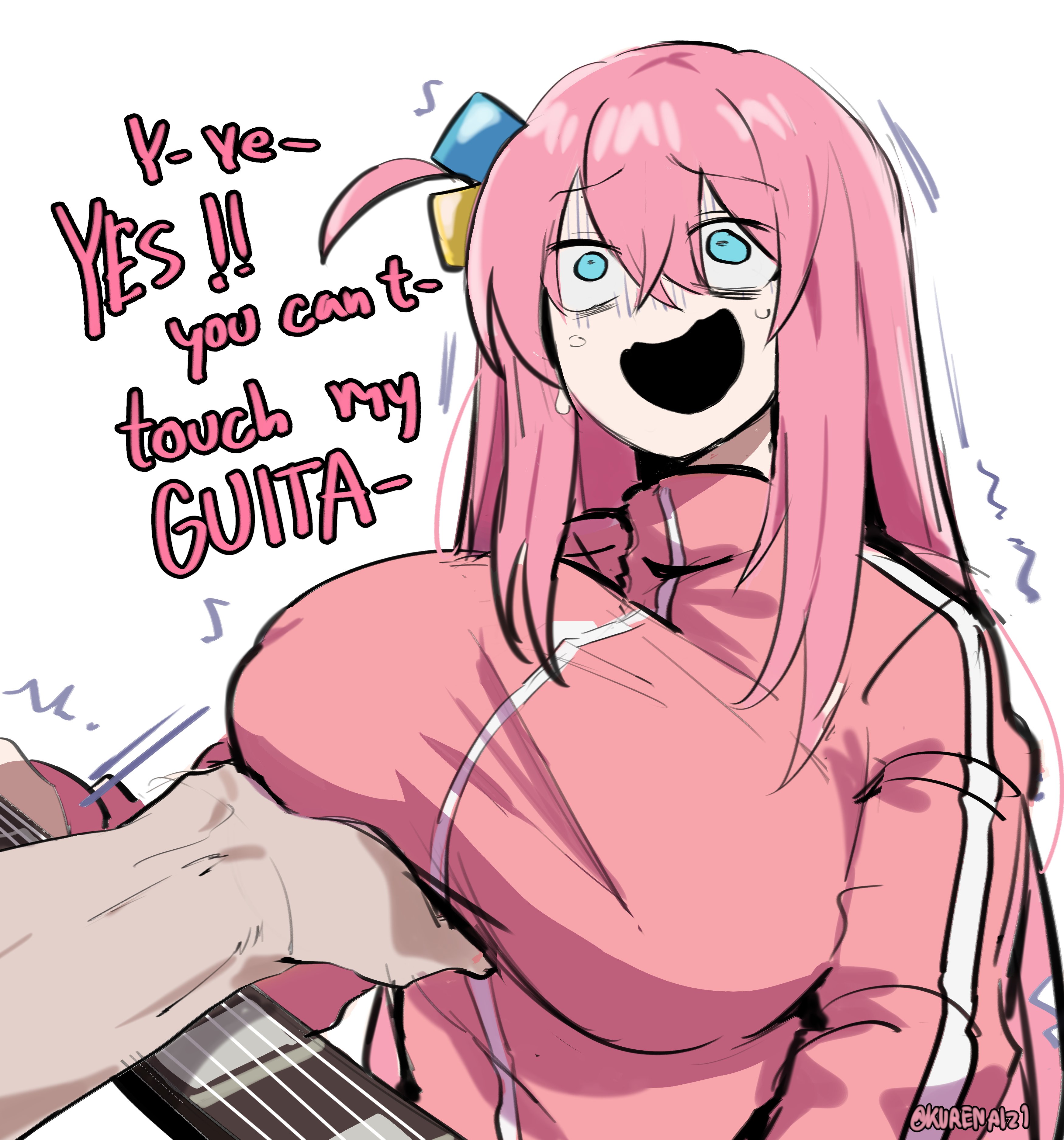 an anime girl with long pink hair is playing a guitar. she's got a wide smile on her face and her eyes are wide open. her top is pink and white, and her hair is very messy.  she's holding the guitar in front of her chest, and it's a dark, sleek design.  the girl seems very happy and excited. the art style is cartoonish and colorful.