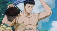 an anime screenshot of two muscular men outside on a sunny day. the man in the foreground is shirtless and drying his hair with a blue towel. the man in the background is wearing a yellow shirt and gesturing towards the other man's chest.