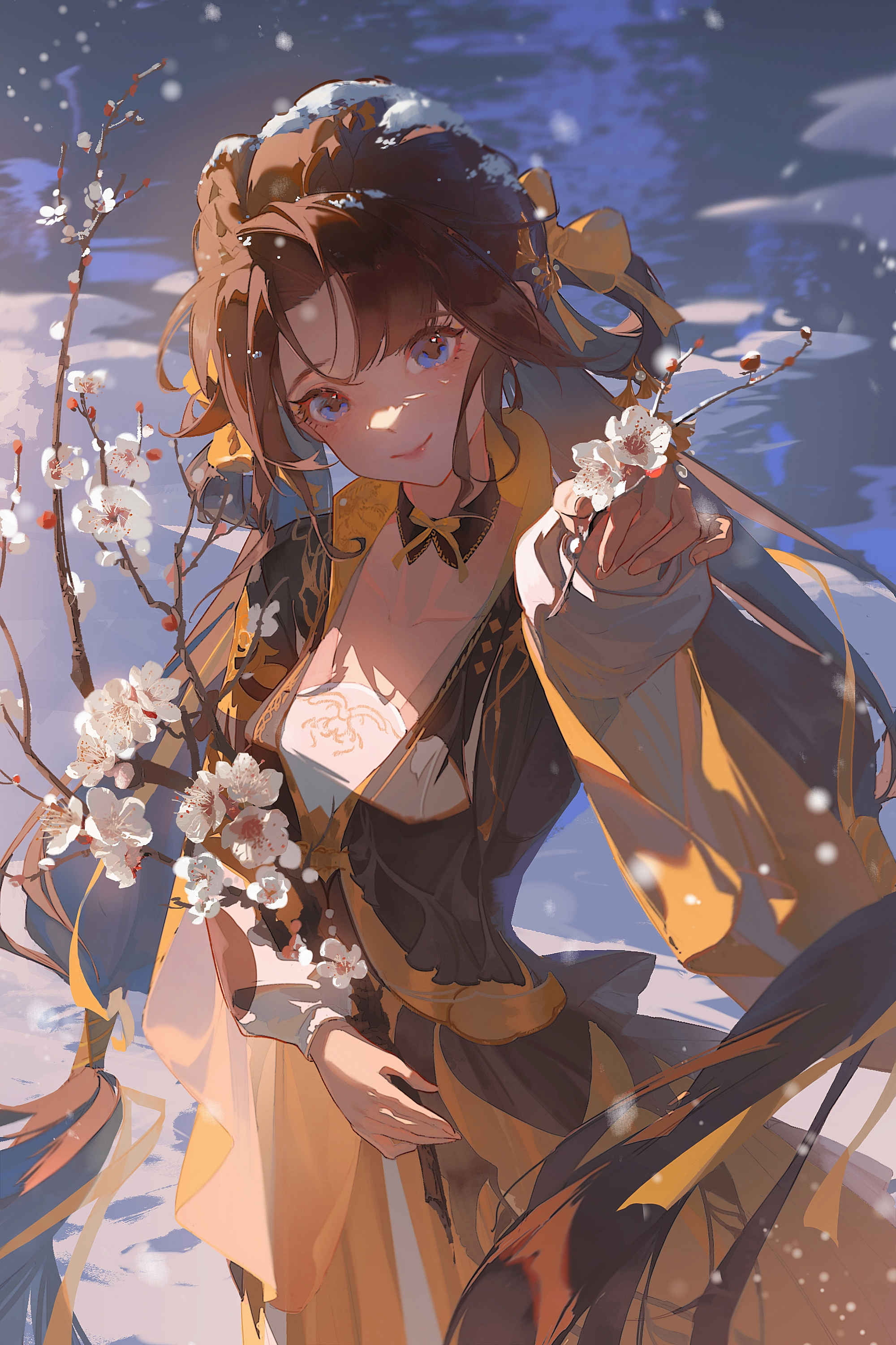 a young woman with long brown hair and striking blue eyes stands in a snowy landscape, holding a branch of delicate white blossoms. she's dressed in an elegant outfit with a black bodice, a flowing yellow overrobe, and intricate gold detailing. her expression is warm and inviting as she smiles gently and offers a blossom towards the viewer. the background features a soft blue sky and a subtle wintery atmosphere.