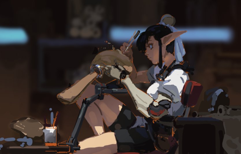 the image is a digital painting or illustration depicting a young female elf with pointed ears and dark hair styled in a bun.  she's wearing a white, loosefitting shirt and dark shorts or pants. one of her arms appears to be a prosthetic or robotic arm.  she's seated at a table in a dimly lit workshop, diligently working on a small clay model or sculpture.  she's using small brushes, and her expression is serious and focused on her task. the background is blurry but shows elements suggestive of a cluttered workshop or home studio. the overall style is a blend of anime and scifi, with a strong emphasis on detail in both the character and the setting.  the color palette is muted and largely earthtoned.