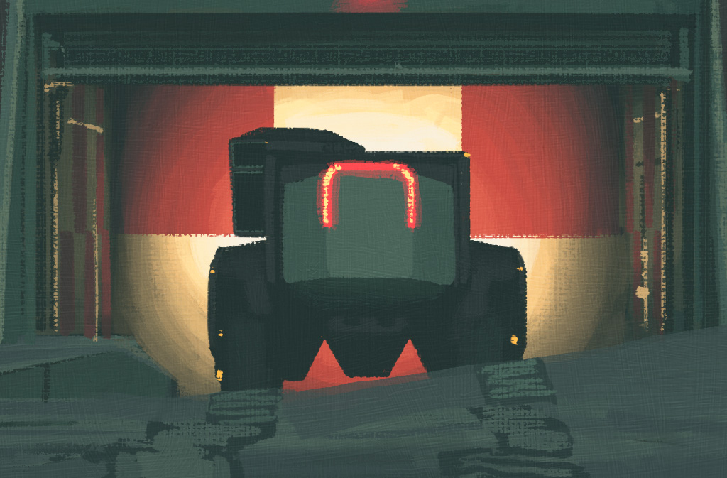 a dark green tractor sits inside a garage, its red headlights illuminated. the garage's interior is dimly lit, and the tractor casts a long shadow. the upper half of the door is open, revealing a red and white striped banner behind the tractor. the overall atmosphere is dark and mysterious, suggesting a nocturnal setting.