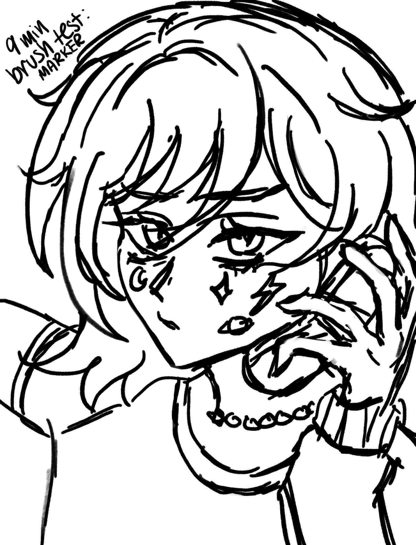 a black and white sketch of an animestyle girl with short hair. she is wearing a necklace and has a hand covering part of her face. the sketch is done with a marker, and the style is grunge and edgy.  the text "9 min brush test marker" is written in the upper left corner.  the drawing shows a focus on linework and shading to convey emotion and style.