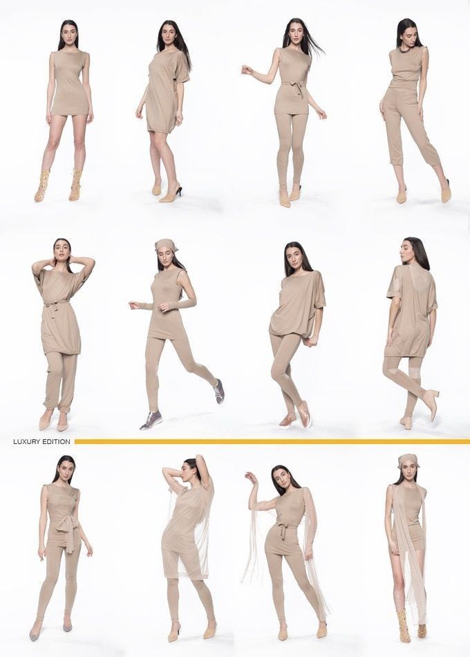 this is a fashion shoot showcasing a collection of beige dresses and pants. there are 12 different looks, with each model striking a different pose. the models are all wearing similar styles of clothing, but each look is unique. the background is white, which helps to highlight the clothing. the overall look is luxurious and stylish.