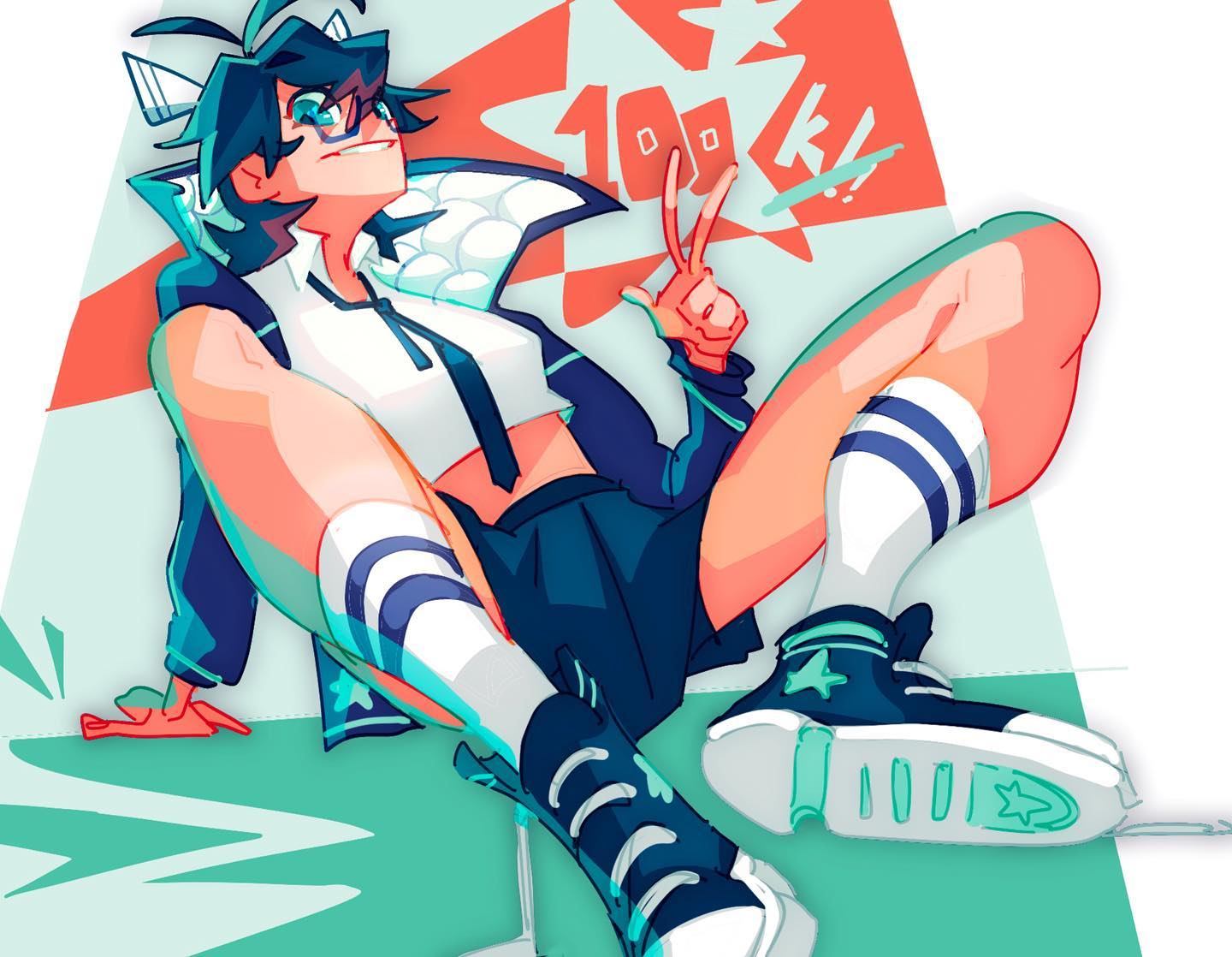 the image is a vibrant digital illustration of a stylized anime girl. she's depicted in a dynamic, energetic pose, sitting with her legs spread out, making a peace sign with one hand. her clothing is casual and trendy, featuring a white cropped top, dark blue shorts, striped socks, and dark sneakers with a star detail. the background is a mix of geometric shapes and bold, contrasting colors. the number "100k" is prominently displayed, suggesting a celebration or milestone achievement. the overall style is bright, playful and expressive with a focus on bold lines and color. the artwork has a distinctly modern anime/manga aesthetic with a touch of streetwear influence.
