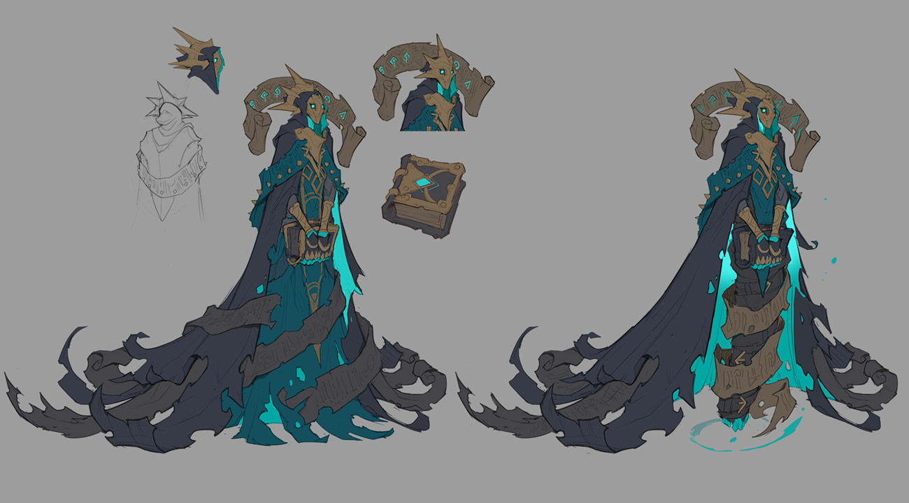 this image shows concept art for a character design. the character is an undead being, possibly a skeleton or specter, wearing a long, dark robe with teal accents.  the robe is adorned with scrolls and runes, and the character holds a book. several additional sketches are provided, showing different angles and closeups of the character's head, robe, and book.  the style is dark fantasy, with an ethereal, glowing quality to the teal elements. the art style suggests potential for a video game or other fantasy media.